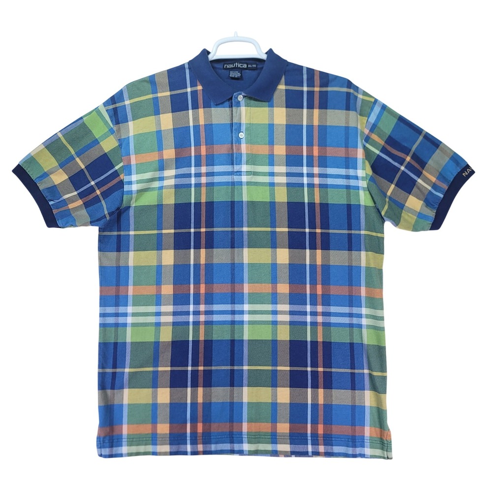 Nautica Polo Shirt Mens XL Blue Plaid Vintage 90's Excellent Short Sleeve Cotton